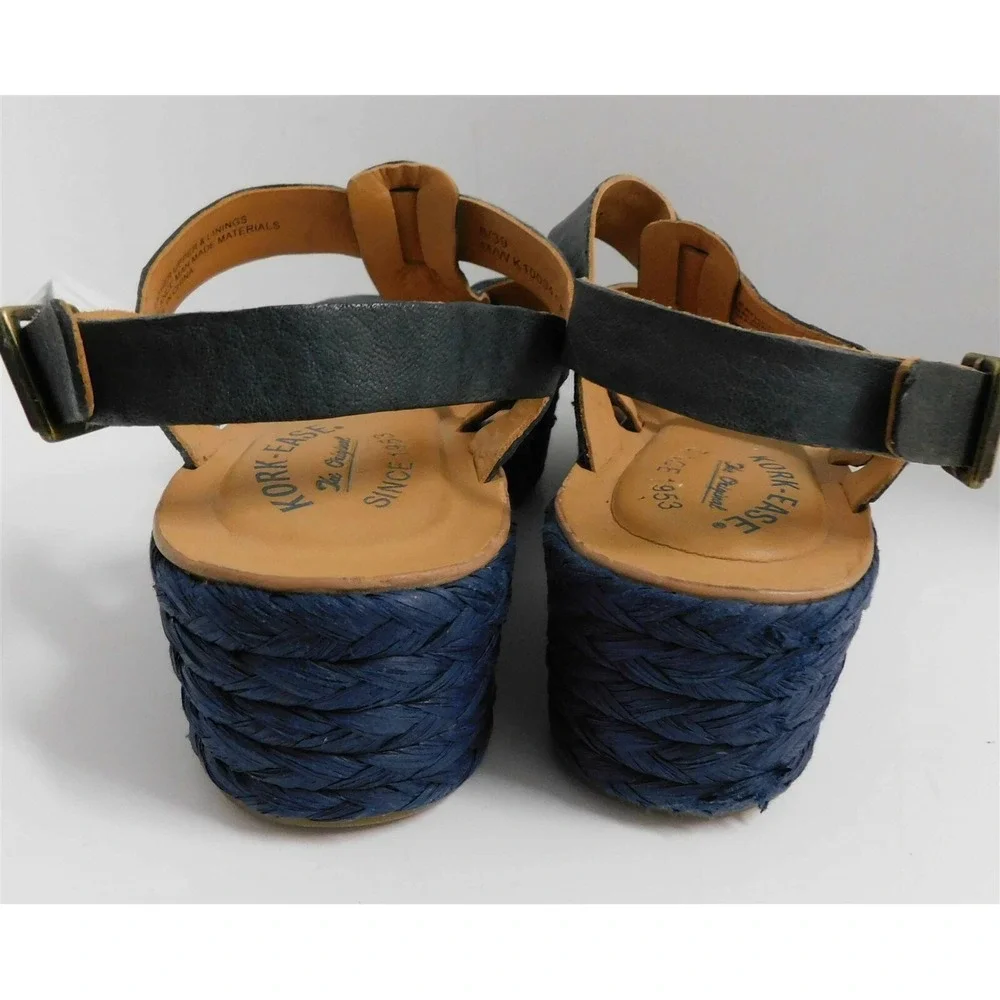 Kork-Ease Blue Leather Straw Espadrille Platform Wedge Heel 39‎
